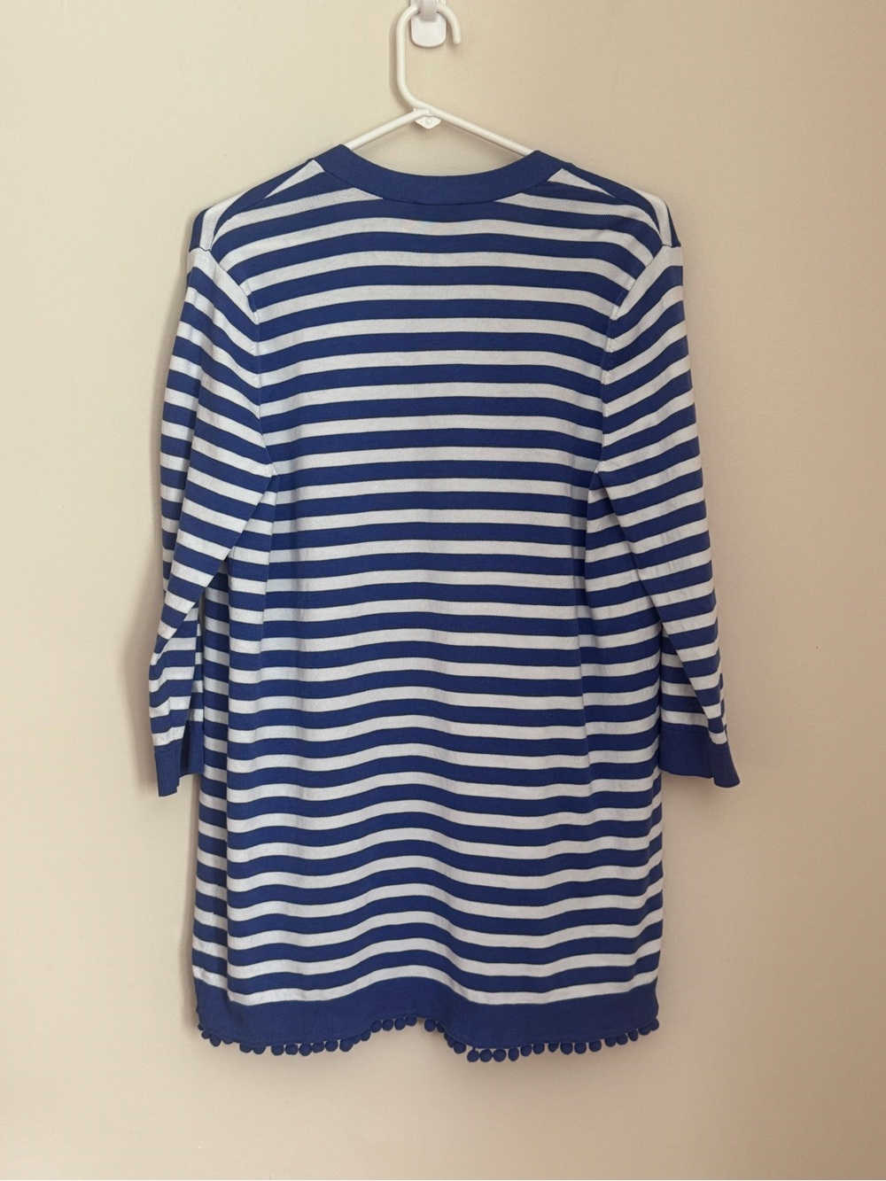 Talbots Natalie Stripe Cardigan Women’s Size Large Blue White Pom Pom Trim - Picture 3 of 5